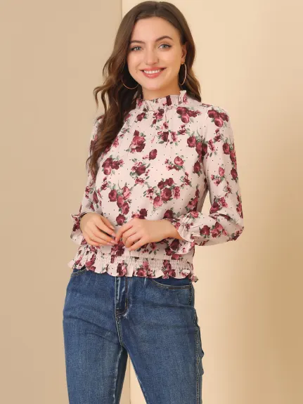 Allegra K- Smocked Waist Ruffled Hem Stand Collar Blouse