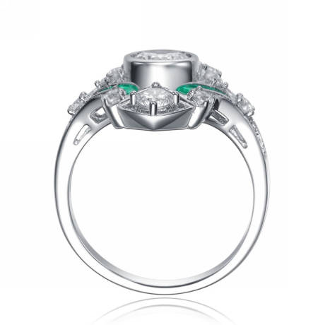 Genevive Sterling Silver White Gold Plating With Colored Baguette and Round Cubic Zirconia Modern Ring