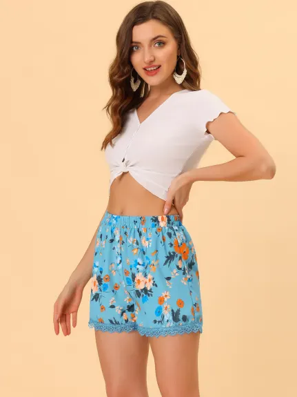 Allegra K - Summer Floral Printed Lace Trim Beach Shorts