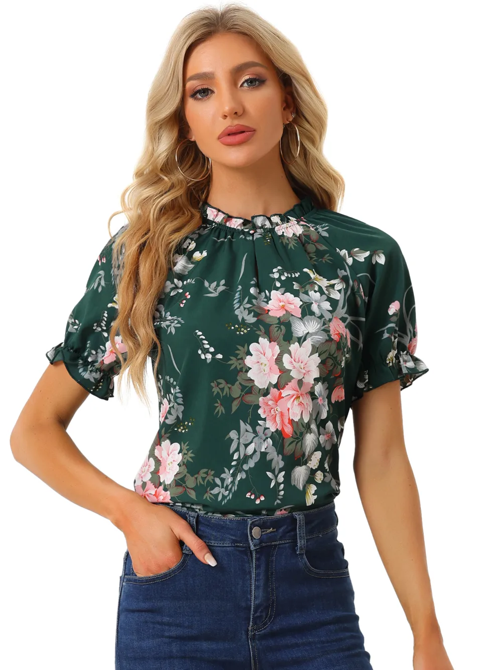 Allegra K- Floral Short Sleeve Ruffle Neck Blouse