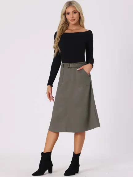 Allegra K- Faux Suede Pockets A-Line Midi Skirt