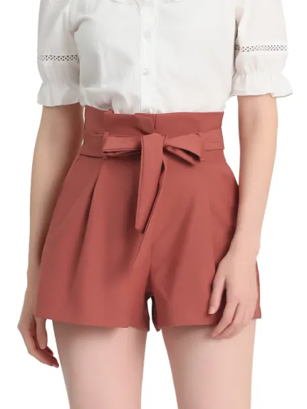 Allegra K- Bow Belt High Paper Bag Waist Shorts