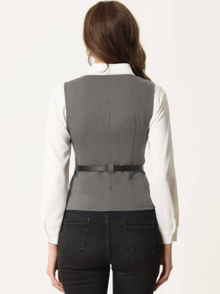 Allegra K- Button Up Belt V Neck Waistcoat