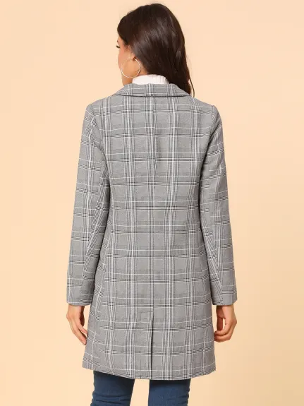 Allegra K- Notched Lapel Double Breasted Plaid Blazer