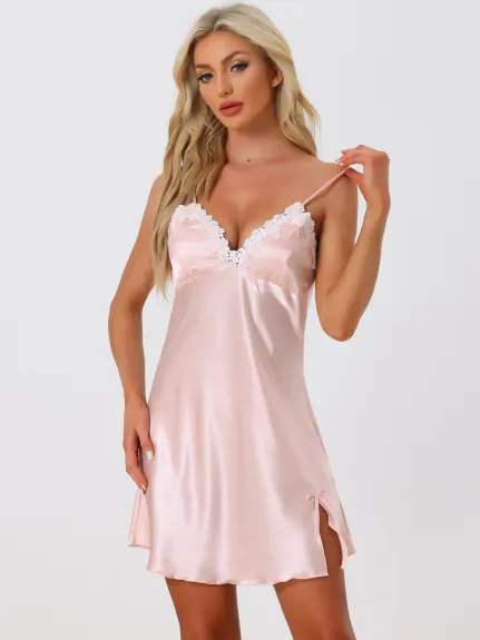 Cheibear - Robe Lingerie Satin Mini Chemise de Nuit