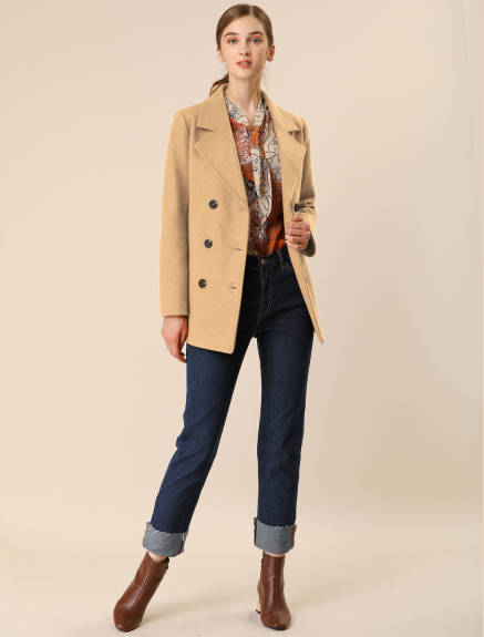 Allegra K- Notched Lapel Double-Breasted Overcoat