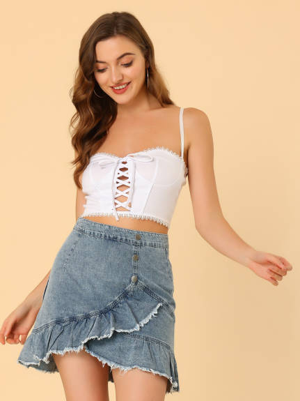 Allegra K- Ruffle Irregular Hem Denim Mini Skirt