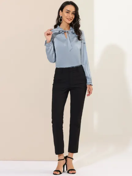 Allegra K- Satin Ruffle Tie Neck Long Sleeve Blouse