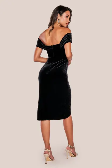 Goddiva - Draped Shoulder Velvet Corset Midi Dress