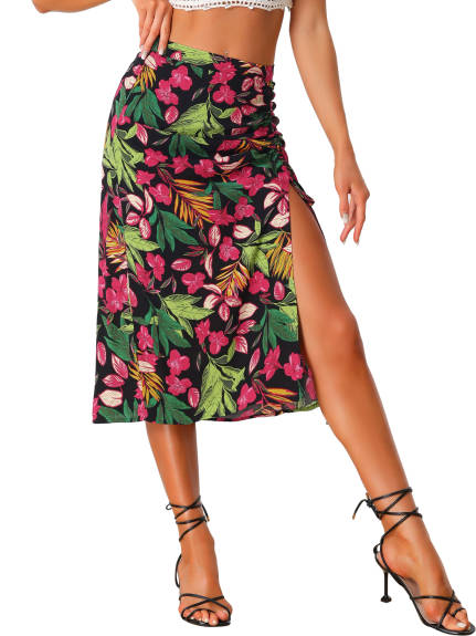 Allegra K- Flowy Ruched Front Floral Midi Skirt