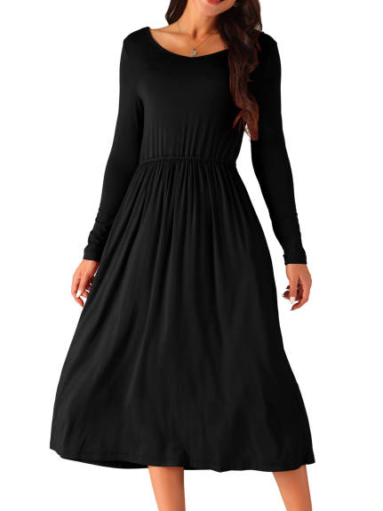 Allegra K - Crewneck Long Sleeve Midi Swing Dress