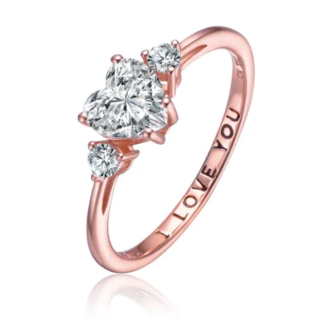 Genevive Sterling Silver with Clear Heart Cubic Zirconias Three-Stone "I Love You" Ring: Size 8