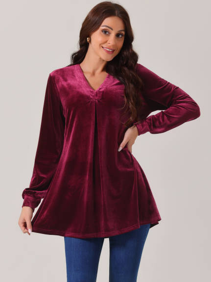 Allegra K - Velvet V Neck Long Sleeve Blouse