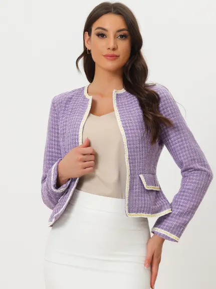 Allegra K- Plaid Tweed Open Front Short Blazer