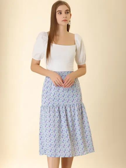 Allegra K- Vintage A-Line Elastic Waist Floral Midi Skirt