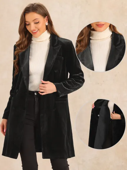 Allegra K - Velvet Double-Breasted Long Winter Coat