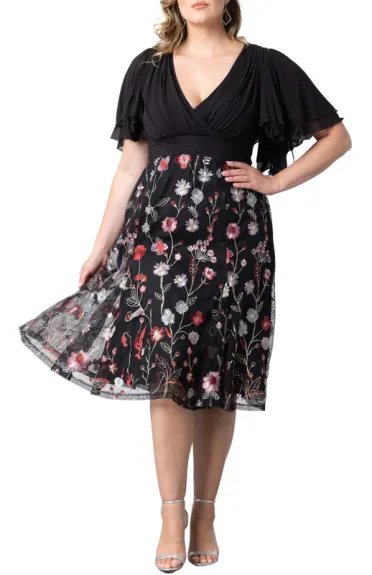 Kiyonna Lillian Embroidered Mesh Midi Cocktail Dress (Plus Size)