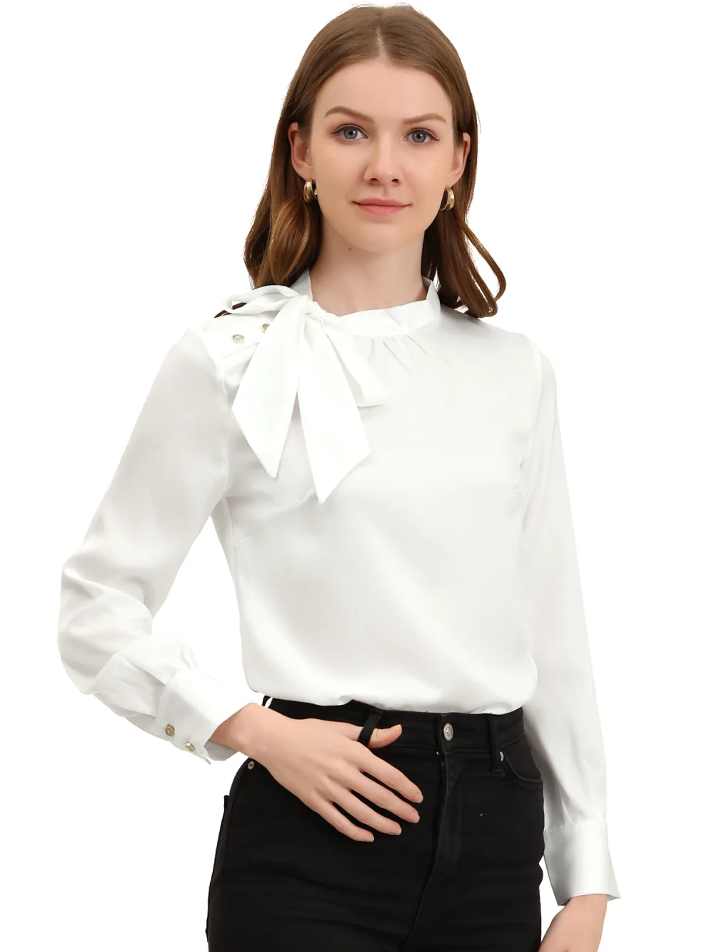 Allegra K - Bow Tie Neck Elegant Satin Blouse