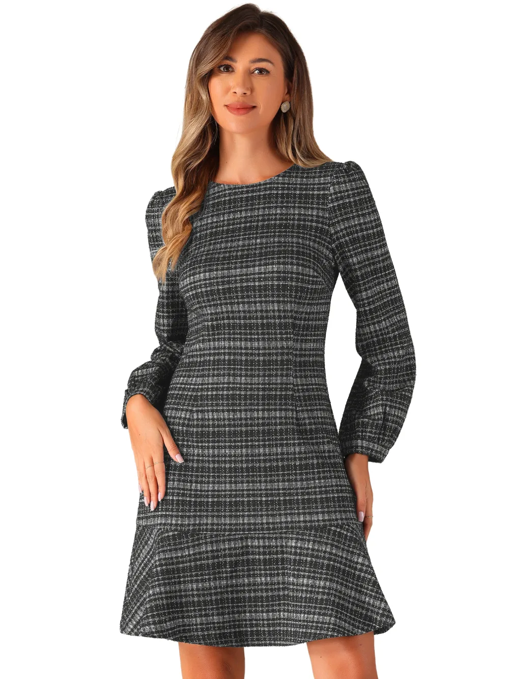 Allegra K - Vintage Long Sleeve Ruffle Hem Tweed Dress