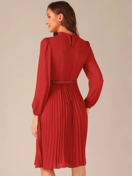 Allegra K- Elegant Long Sleeve Pleated Midi Shirt Dress