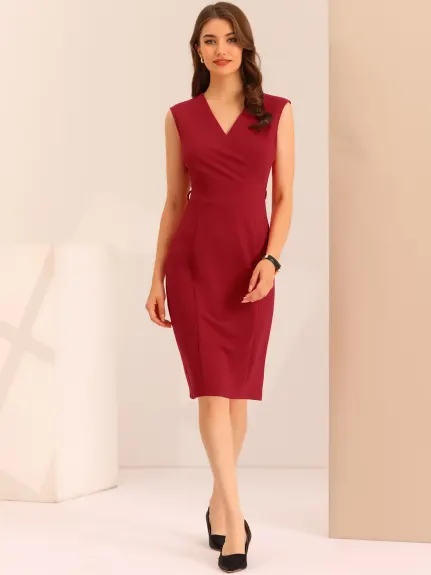 Allegra K- Sheath Sleeveless V Neck Belt Pencil Dress