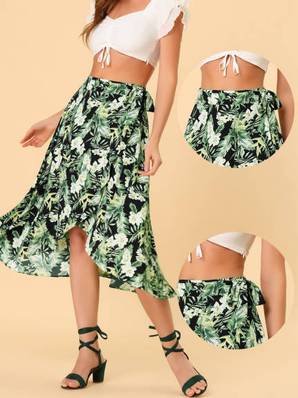 Allegra K- Floral Boho Wrap Midi Skirt