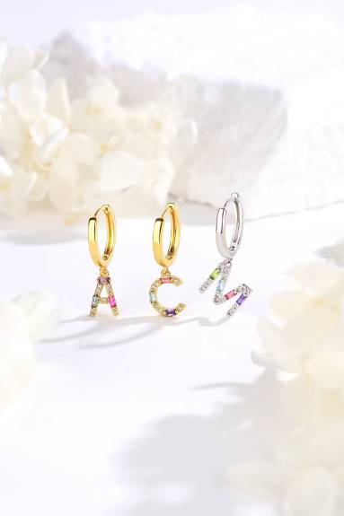 Classicharms-Single Pavé Initial Charm Drop Huggie Hoop Earring-Letter I