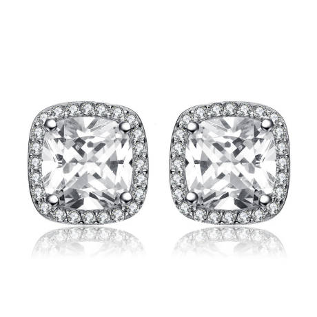 Genevive Sterling Silver White Gold Plated with Colroed Square Cubic Zirconia Stud Earrings