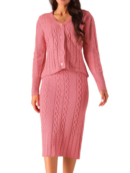 Allegra K - V Neck Sweater Midi Skirt Suit Two Piece