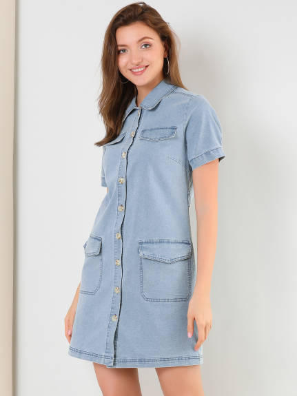 Allegra K- Belted Jean Denim ShirtDress