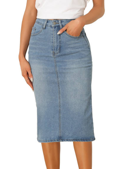 Allegra K- High Waist Split Back Denim Midi Skirt