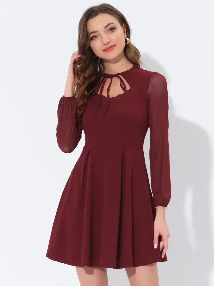 Allegra K- Tie Neck Mini-robe à manches longues en maille à volants