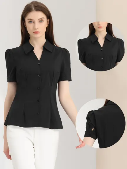 Allegra K- Split V Neck Collar Button Down Shirt