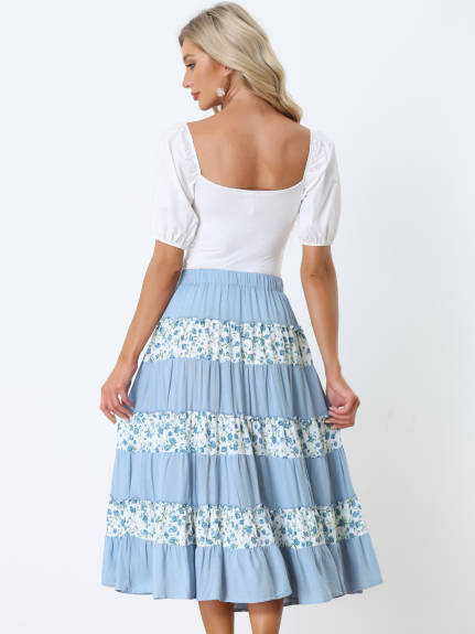 Allegra K- Elastic Waist Floral Midi Tiered Skirt