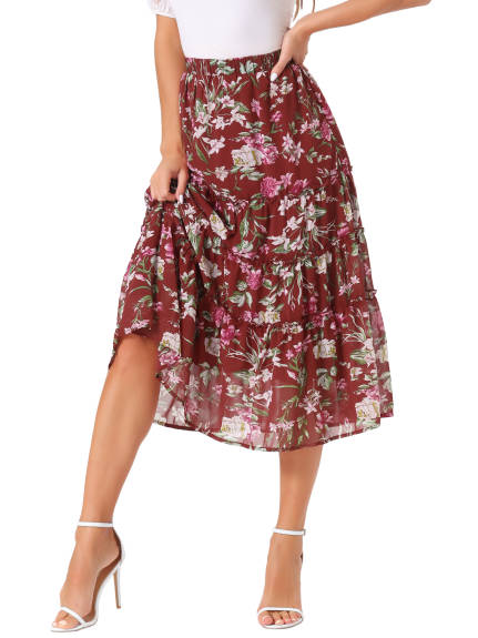 Allegra K- Floral Tiered A-Line Long Chiffon Skirts