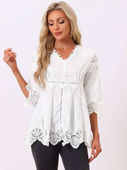 Allegra K - Lace Trim Chiffon Hollow Out Blouse