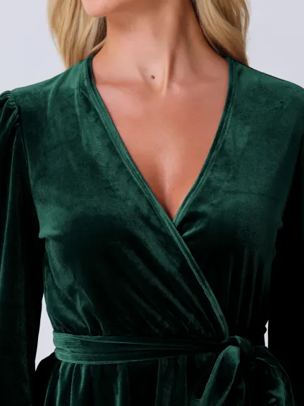 Allegra K - Velvet Wrap Tie Waist Peplum Blouse