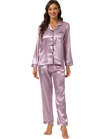 Allegra K - Satin Button Down Lounge Pajama Sets