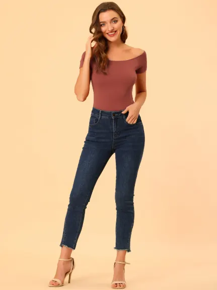 Allegra K- Off Shoulder Solid Slim Fit Tees