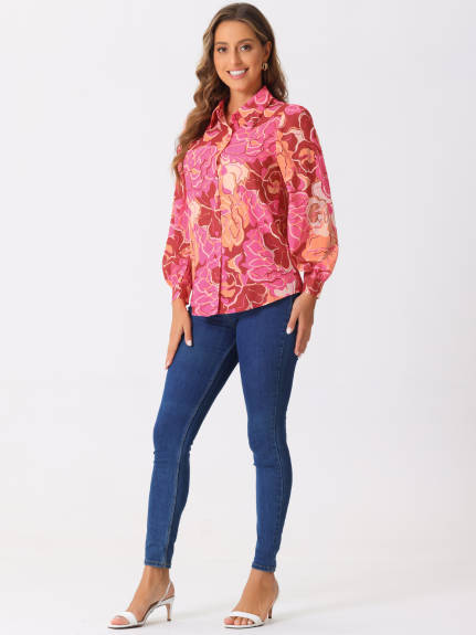 Allegra K - Floral Print Long Puff Sleeve Shirt