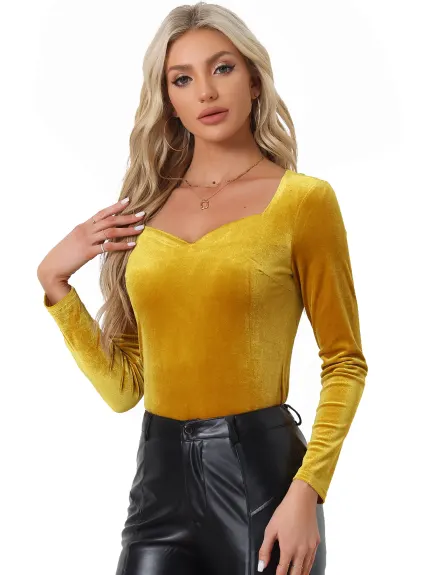 Allegra K- Velvet Sweetheart Neck Long Sleeves Top