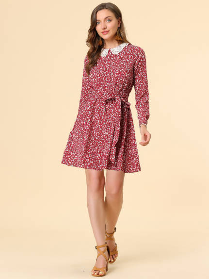 Allegra K- Long Sleeve Half Placket Floral Dress