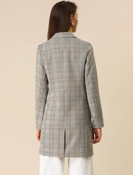 Allegra K- Notched Lapel Double Breasted Plaid Blazer