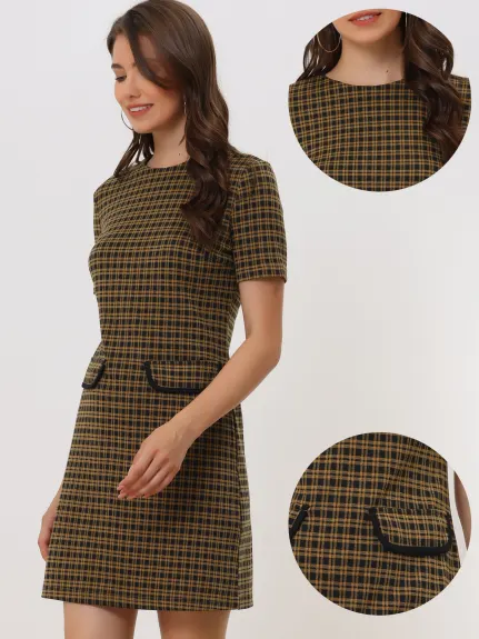 Allegra K- Short Sleeve Vintage Houndstooth Pencil Sheath Dress