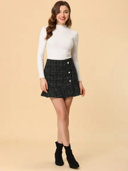 Allegra K- Plaid Ruffle Hem Tweed Mini Skirt