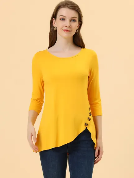 Allegra K- 3/4 Sleeve Tunic Asymmetry Button Top