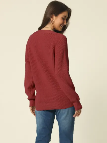 Allegra K- V Neck Button Down Ribbed Knit Pullover Top