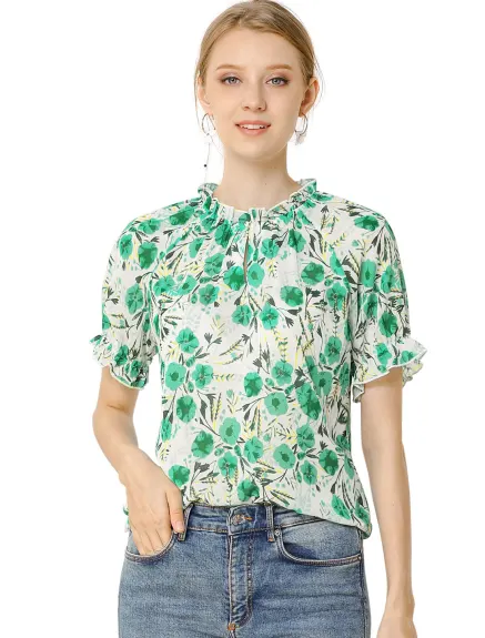 Allegra K- Floral Short Sleeve Ruffle Neck Blouse