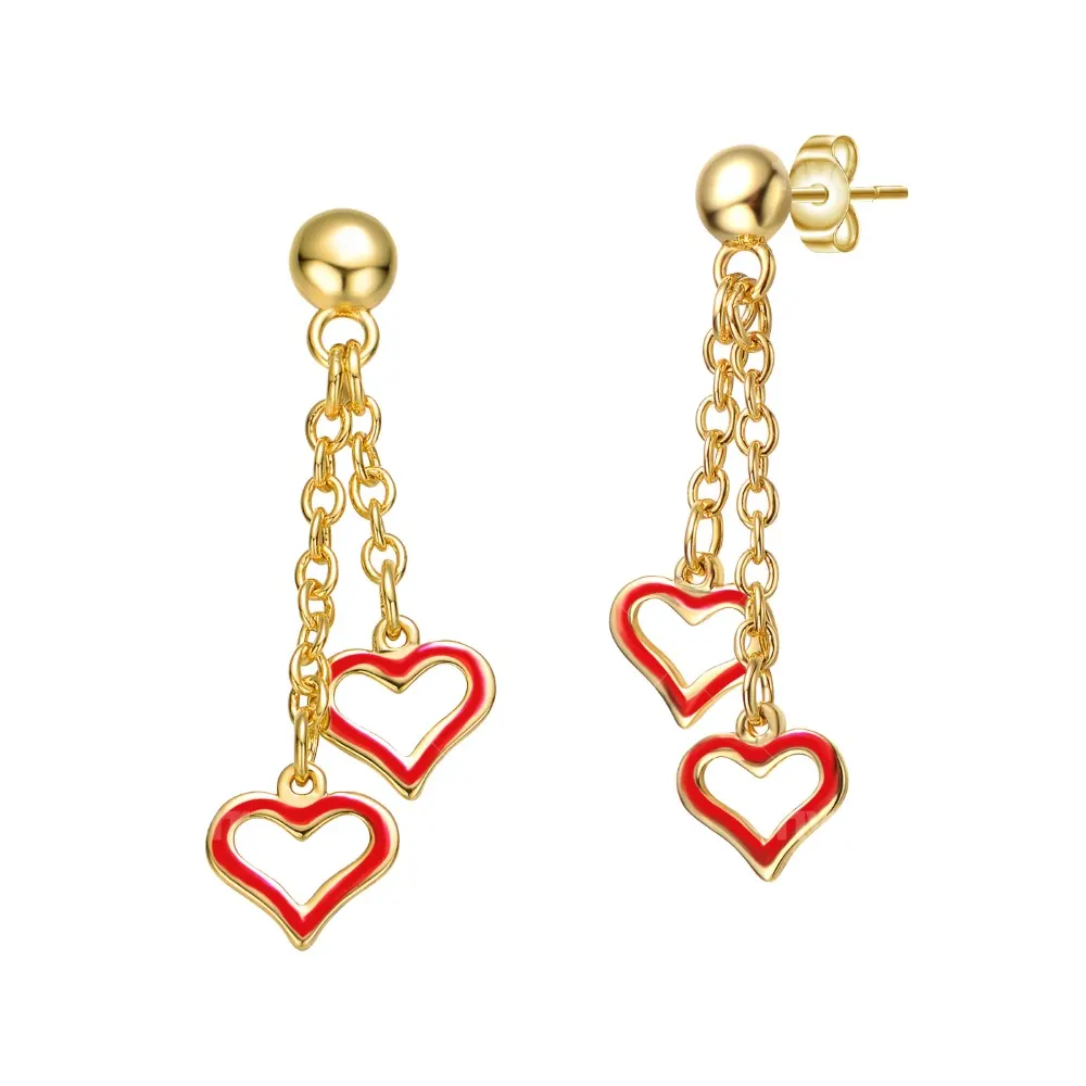 Rachel Glauber Young Adults/Teens 14k Yellow Gold Plated Double Heart Halo Dangle Chain Drop Earrings