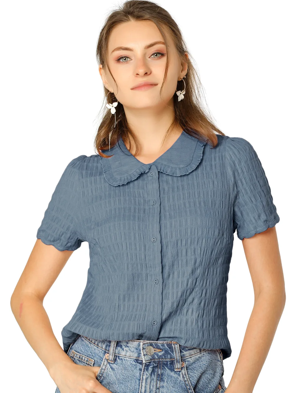 Allegra K- Vintage Sweet Doll Collar Button Down Shirt